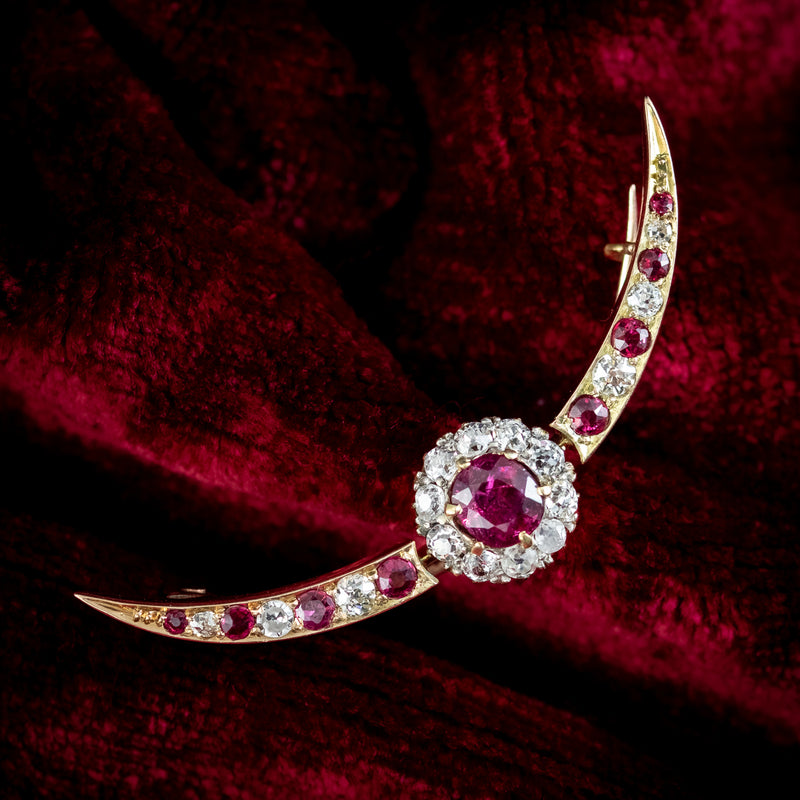 Antique Victorian Ruby Diamond Crescent Moon Brooch 1ct Of Ruby