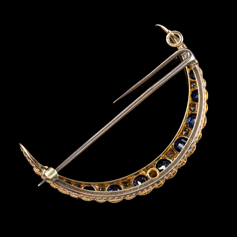 Antique Victorian Sapphire Diamond Crescent Moon Brooch 15ct Gold