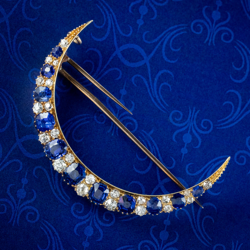 Antique Victorian Sapphire Diamond Crescent Moon Brooch 15ct Gold