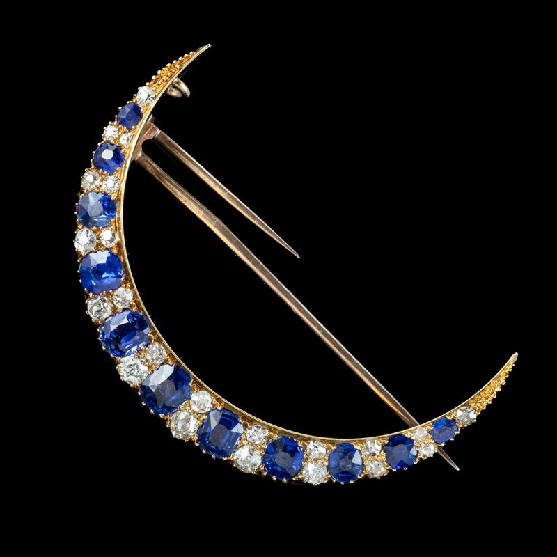 Antique Victorian Sapphire Diamond Crescent Moon Brooch 15ct Gold