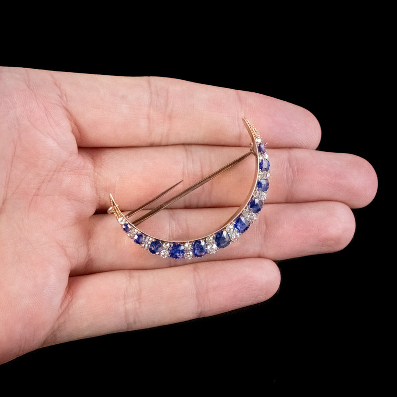 Antique Victorian Sapphire Diamond Crescent Moon Brooch 15ct Gold