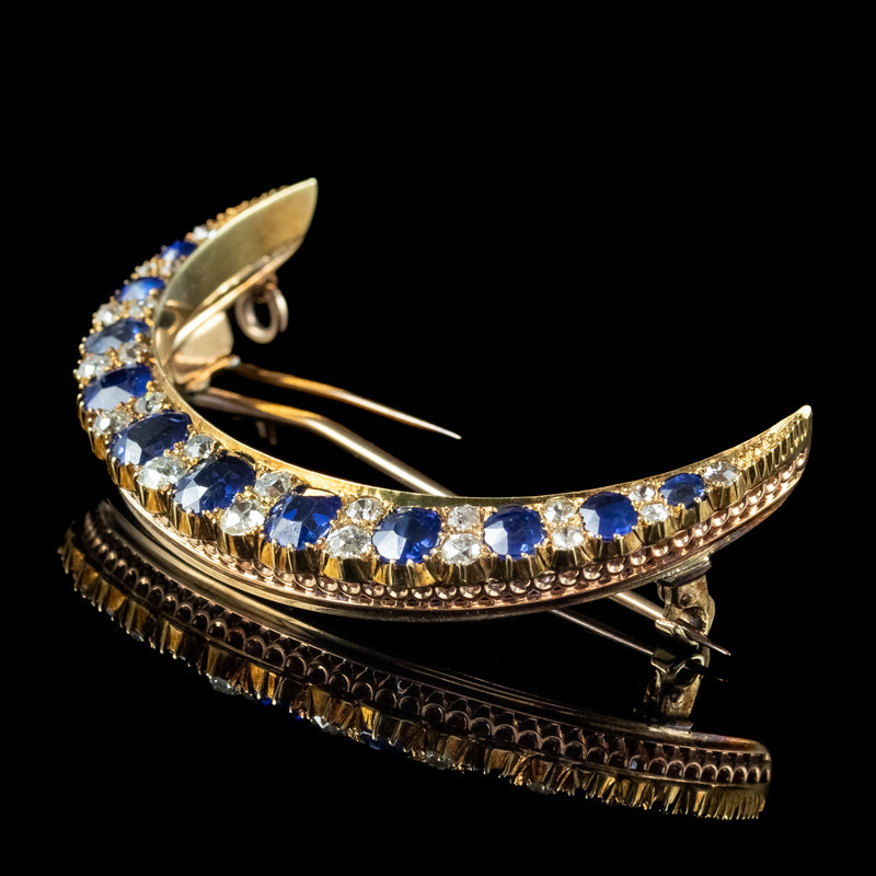 Antique Victorian Sapphire Diamond Crescent Moon Brooch 15ct Gold