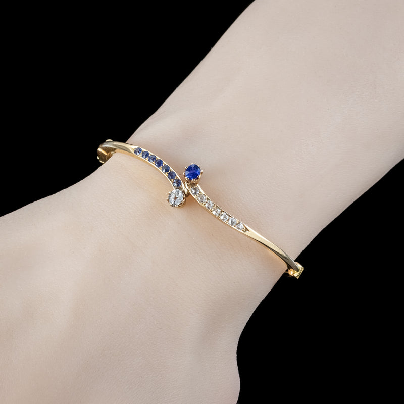 Antique Victorian Sapphire Diamond Toi Et Moi Twist Bangle 18ct Gold