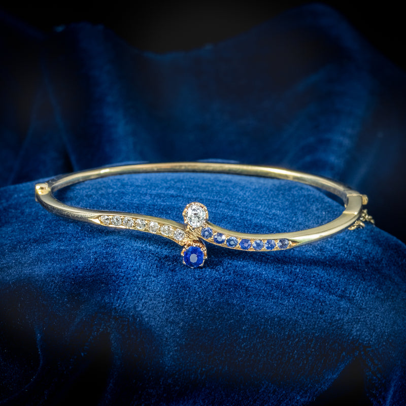 Antique Victorian Sapphire Diamond Toi Et Moi Twist Bangle 18ct Gold