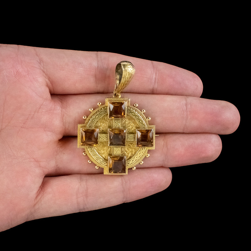Antique Victorian Scottish Cairngorm Pendant Brooch 18ct Gold