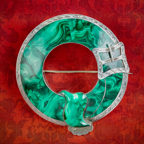 Antique Victorian Scottish Malachite Buckle Brooch Silver