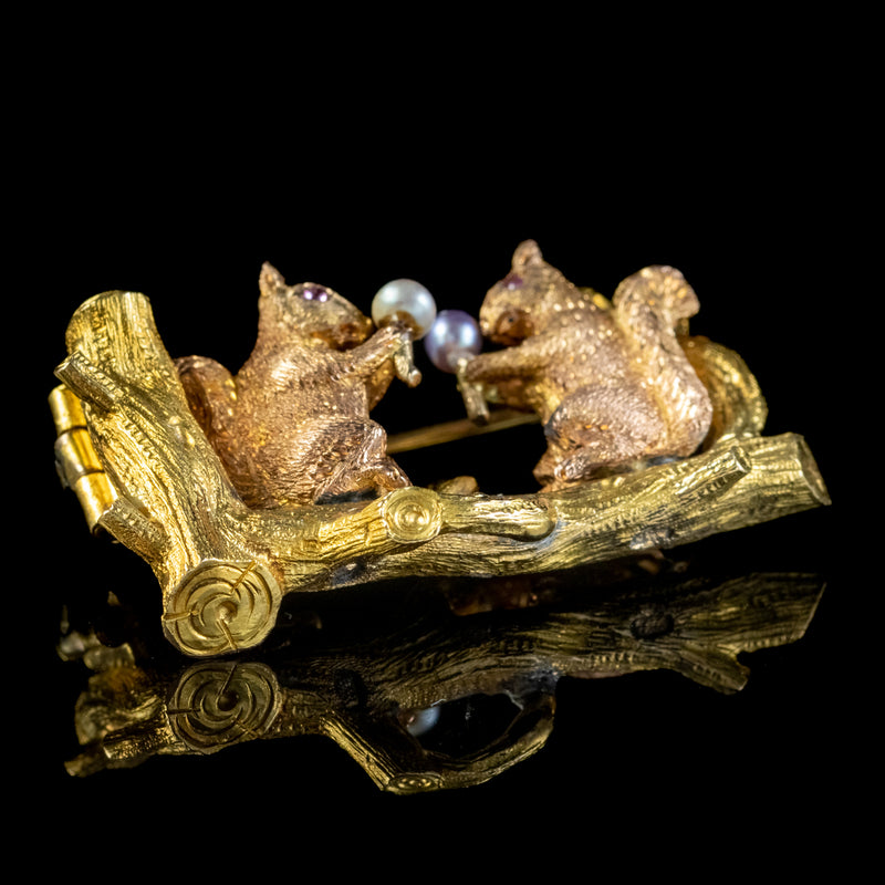 Antique Victorian Squirrel Brooch Pearl Acorns 18ct Gold 