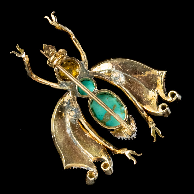 Antique Victorian Turquoise Diamond Enamel Insect Brooch Circa 1900