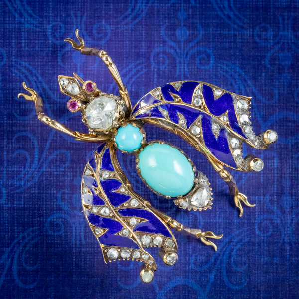 Antique Victorian Turquoise Diamond Enamel Insect Brooch Circa 1900