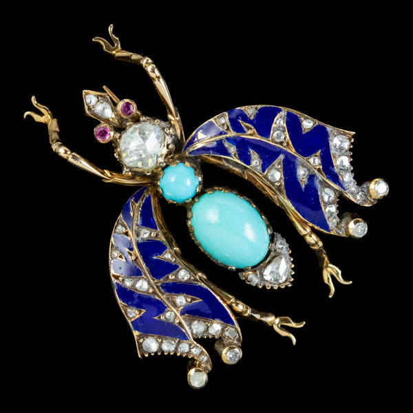 Antique Victorian Turquoise Diamond Enamel Insect Brooch Circa 1900