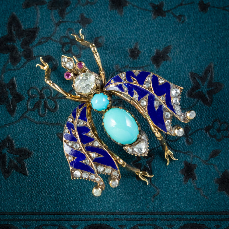 Antique Victorian Turquoise Diamond Enamel Insect Brooch Circa 1900