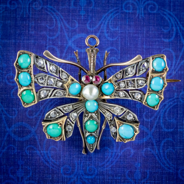 Antique Victorian Turquoise Diamond Pearl Butterfly Pendant Brooch Circa 1900