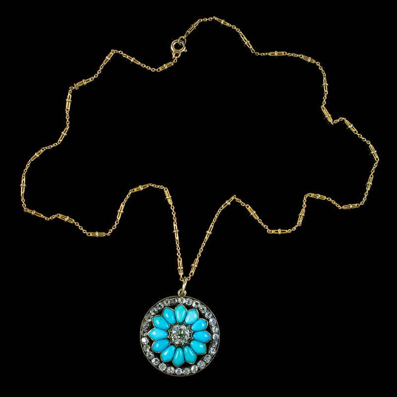 Antique Victorian Turquoise Diamond Pendant Necklace 3.5ct Of Diamond Circa 1900