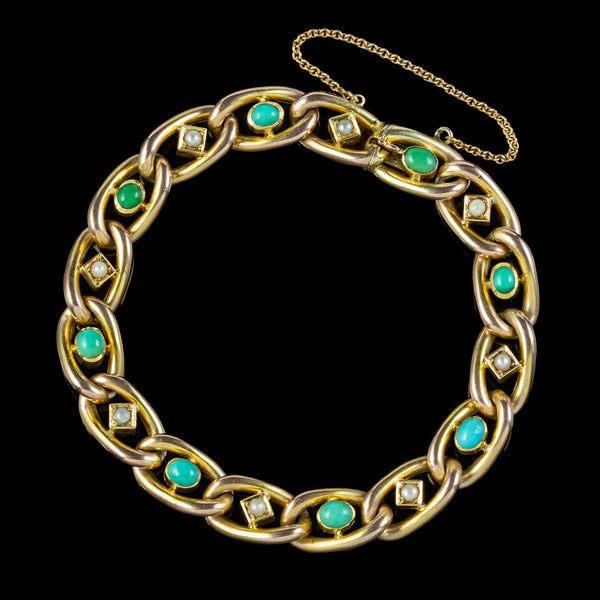 Antique Victorian Turquoise Pearl Curb Bracelet 9ct Gold