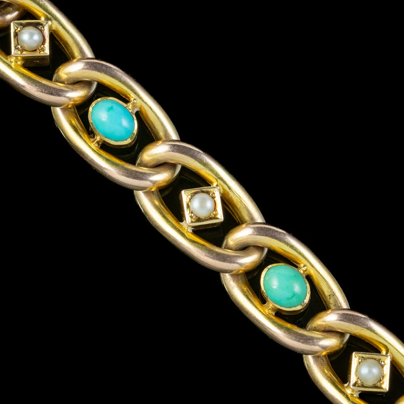 Antique Victorian Turquoise Pearl Curb Bracelet 9ct Gold