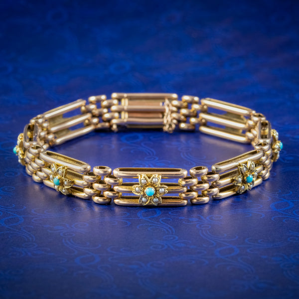 Antique Victorian Turquoise Pearl Flower Bracelet 15ct Gold
