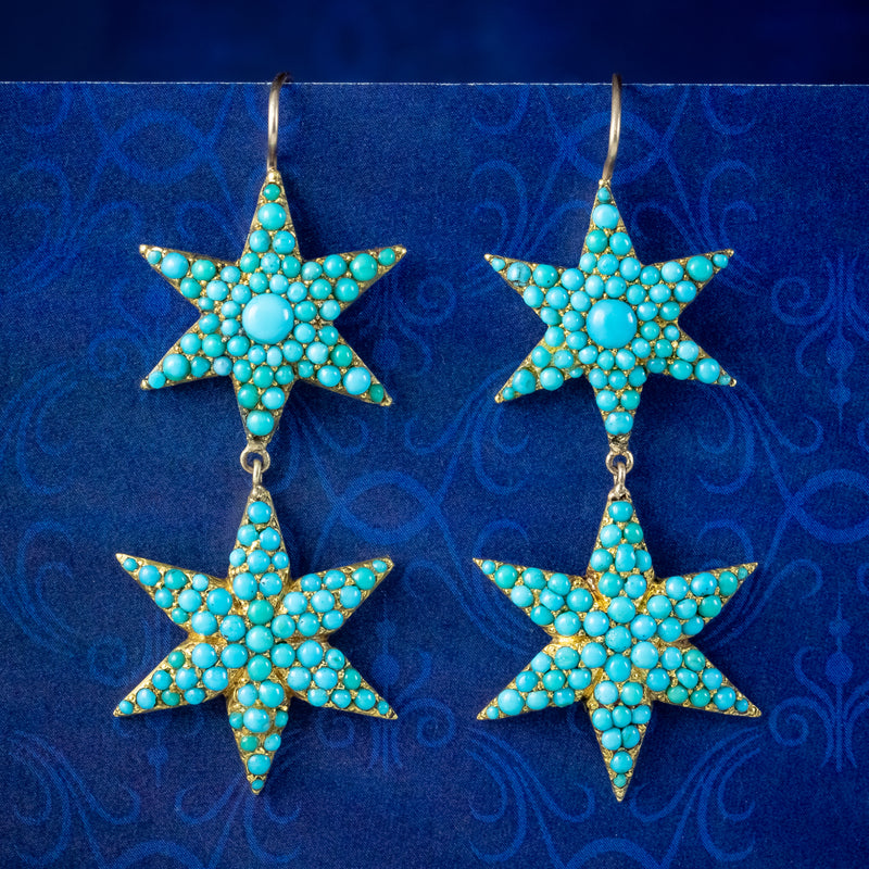 Antique Victorian Turquoise Star Drop Earrings 15ct Gold