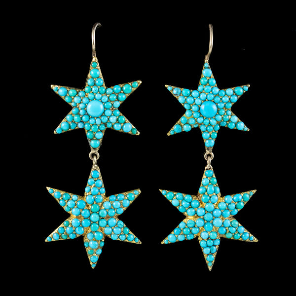 Antique Victorian Turquoise Star Drop Earrings 15ct Gold