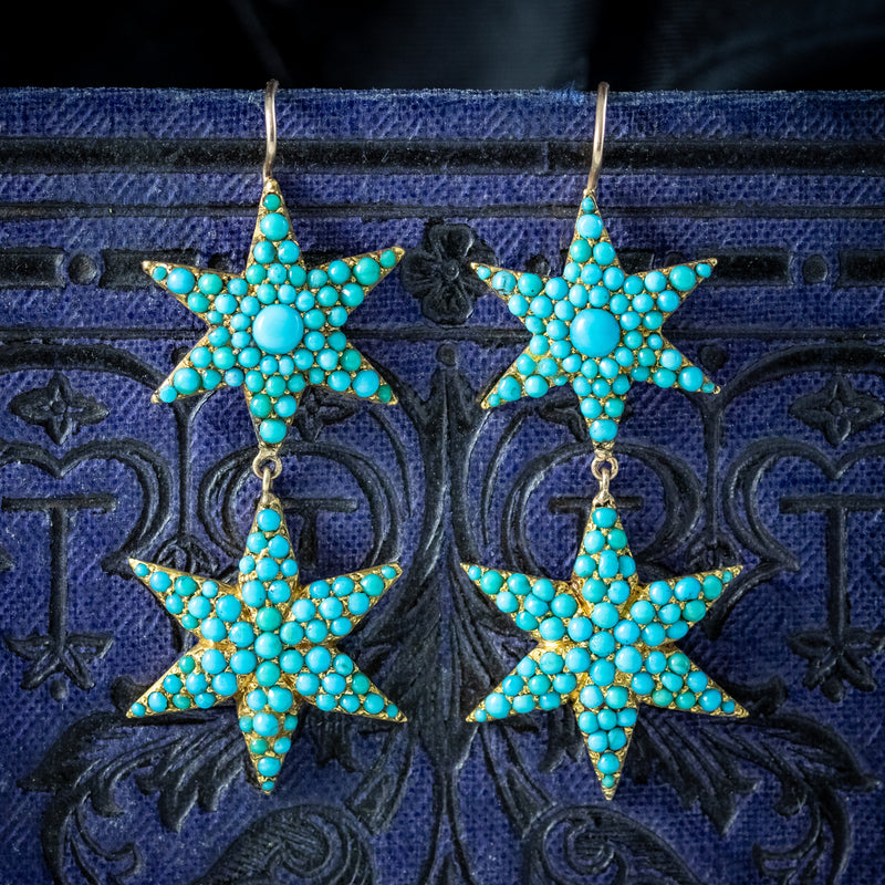 Antique Victorian Turquoise Star Drop Earrings 15ct Gold