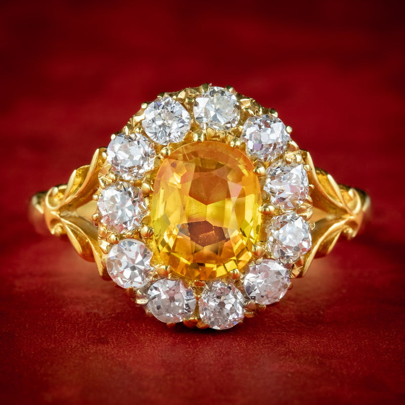 Antique Victorian Yellow Sapphire Diamond Cluster Ring 1.75ct Sapphire