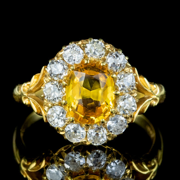 Antique Victorian Yellow Sapphire Diamond Cluster Ring 1.75ct Sapphire