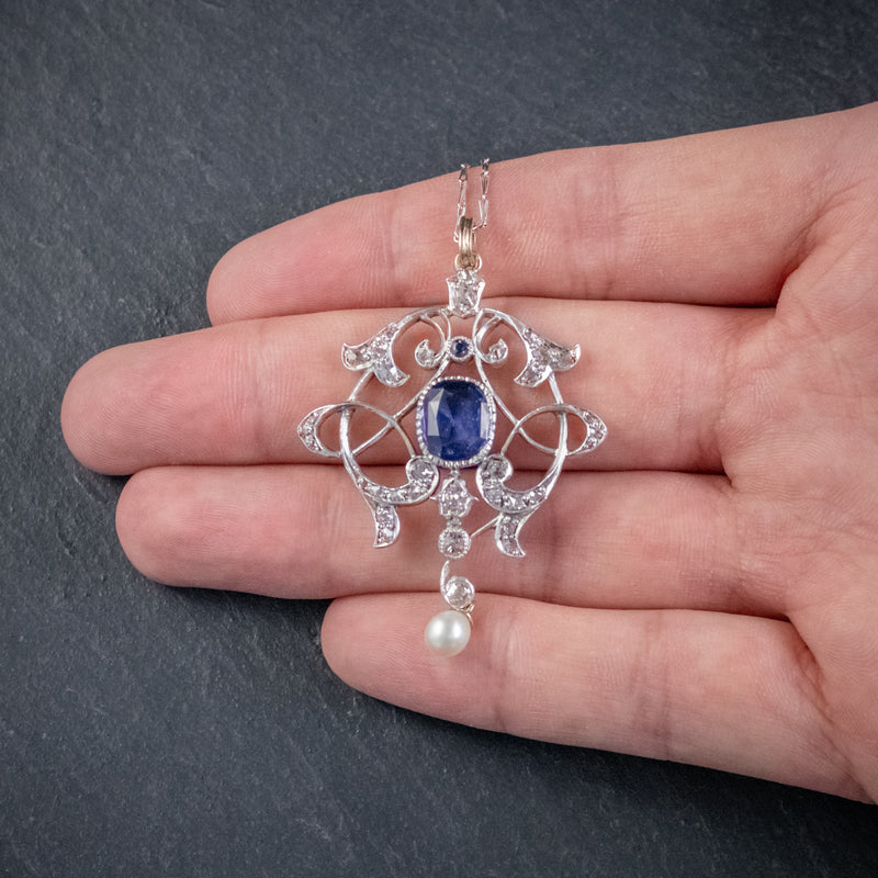 ANTIQUE EDWARDIAN 3.25CT SAPPHIRE DIAMOND PENDANT NECKLACE PLATINUM 18CT GOLD CIRCA 1905 HAND