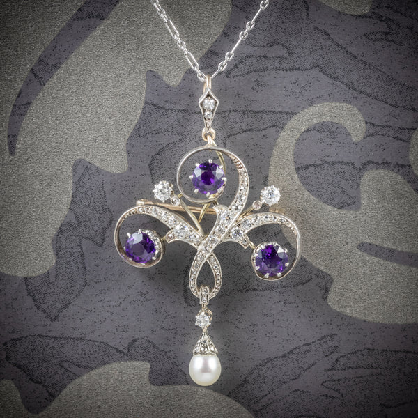 Antique Edwardian Amethyst Pendant Necklace Diamond Platinum Brooch Circa 1910 COVER