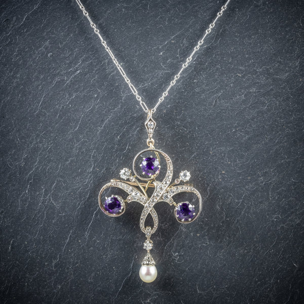 Antique Edwardian Amethyst Pendant Necklace Diamond Platinum Brooch Circa 1910 FRONT