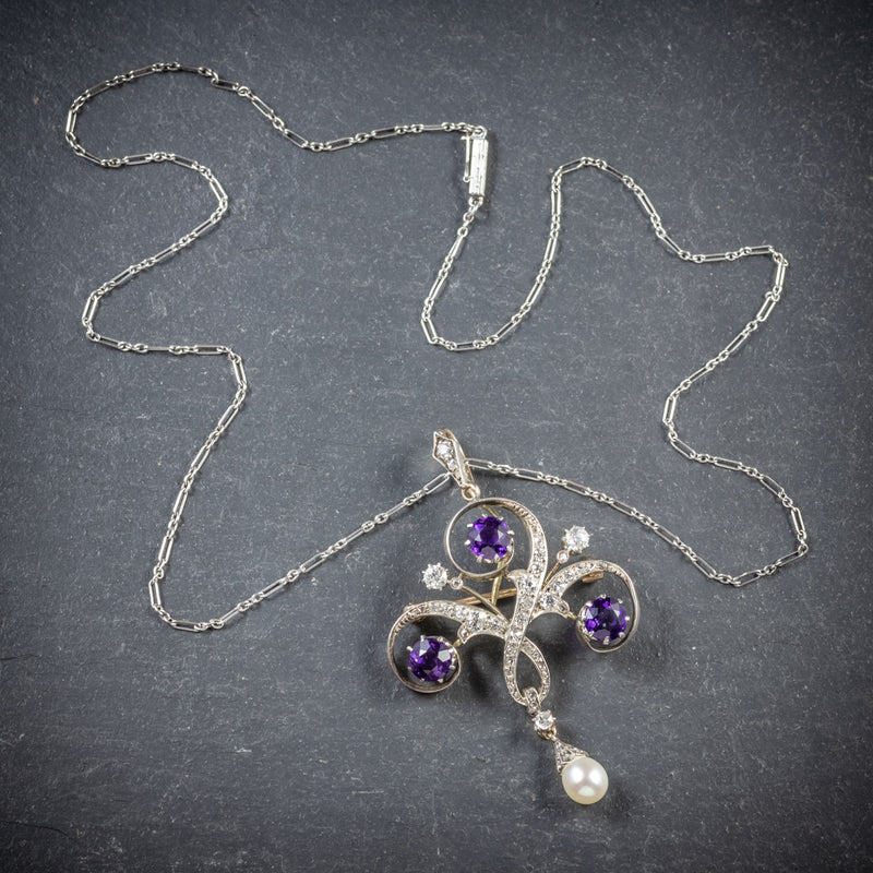 Antique Edwardian Amethyst Pendant Necklace Diamond Platinum Brooch Circa 1910 TOP