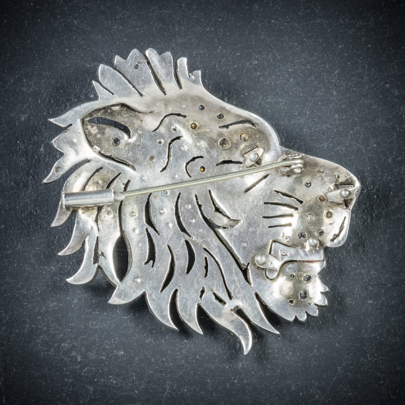 Antique French Lion Brooch Silver Onyx Paste Circa 1860 BACK