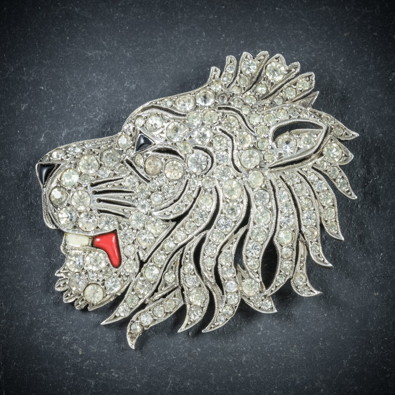 Antique French Lion Brooch Silver Onyx Paste Circa 1860 FRONT