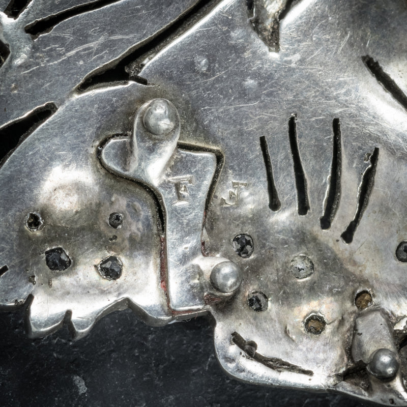 Antique French Lion Brooch Silver Onyx Paste Circa 1860 HALLMARK