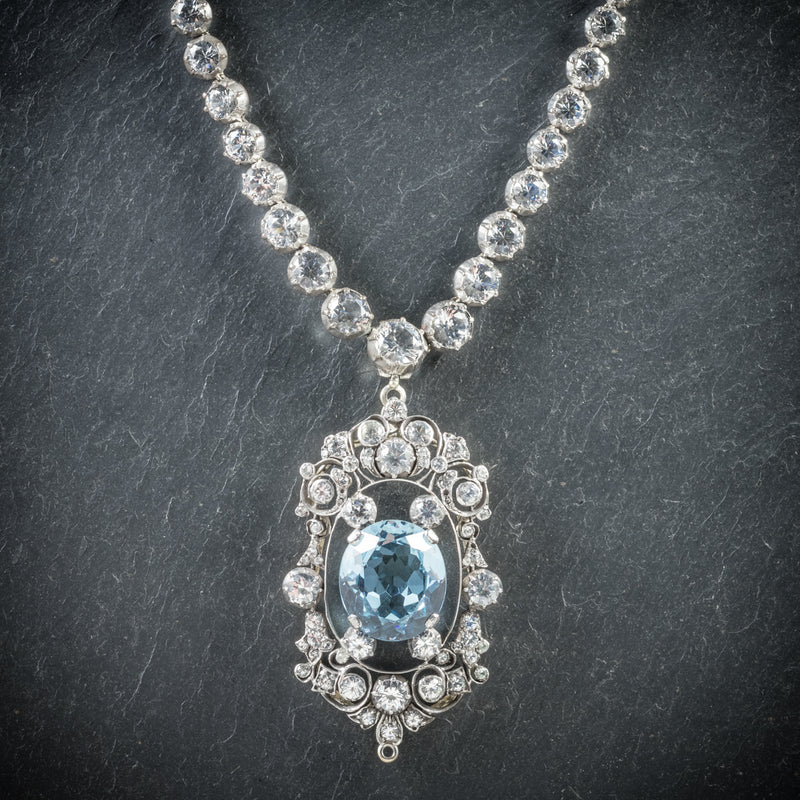 Antique French Victorian Blue Topaz Pendant Necklace Collar Boxed Circa 1900 front