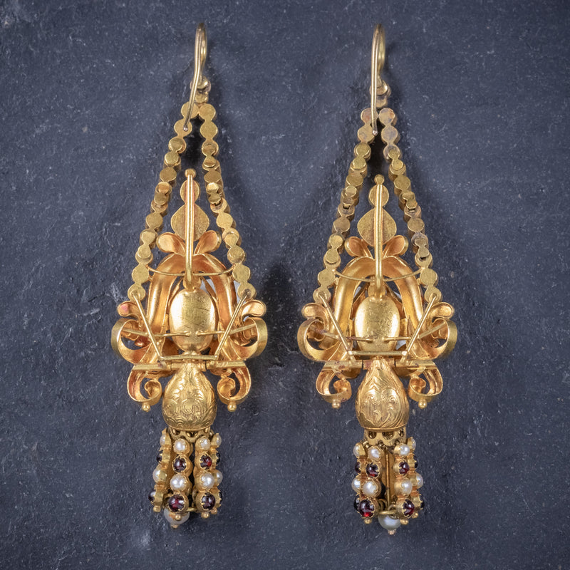 Antique Georgian Garnet Pearl Drop Earrings 18ct Gold Circa 1800 BACK