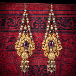 Antique Georgian Garnet Pearl Drop Earrings 18ct Gold Circa 1800 COVER