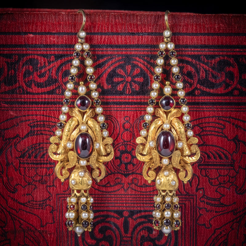 Antique Georgian Garnet Pearl Drop Earrings 18ct Gold Circa 1800 COVER