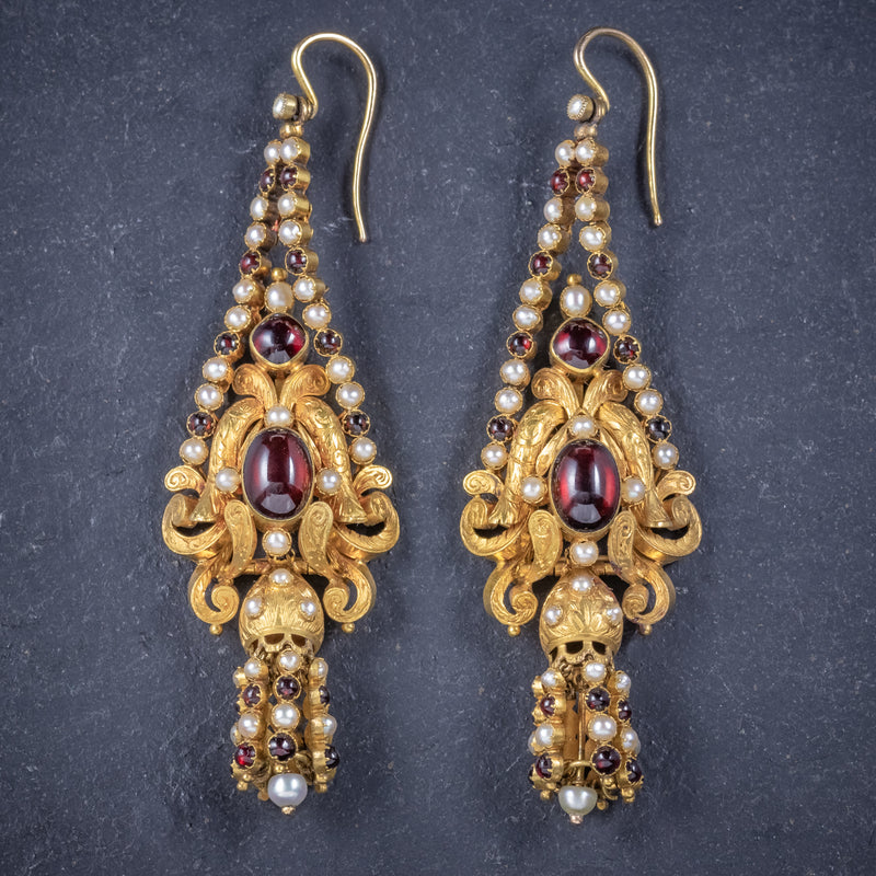 Antique Georgian Garnet Pearl Drop Earrings 18ct Gold Circa 1800 FRONT 2