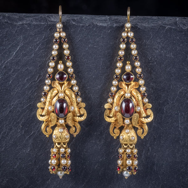 Antique Georgian Garnet Pearl Drop Earrings 18ct Gold Circa 1800 FRONT