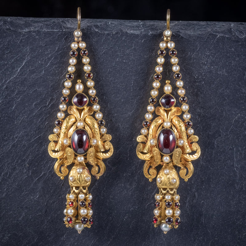 Antique Georgian Garnet Pearl Drop Earrings 18ct Gold Circa 1800 FRONT