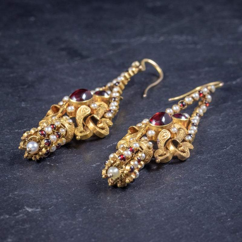 Antique Georgian Garnet Pearl Drop Earrings 18ct Gold Circa 1800 SIDE
