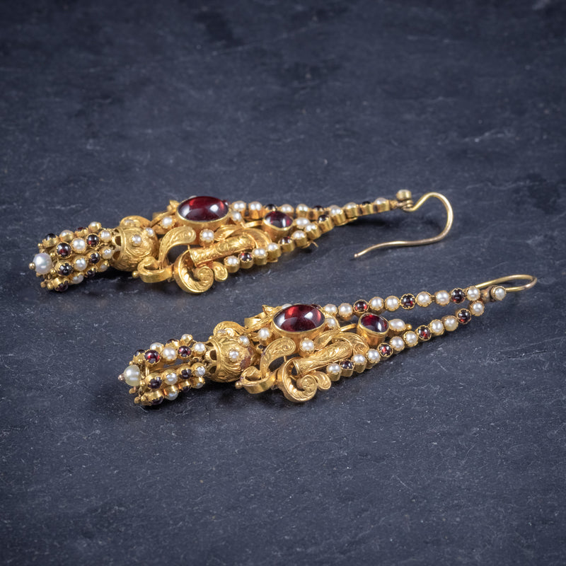 Antique Georgian Garnet Pearl Drop Earrings 18ct Gold Circa 1800 SIDE 2