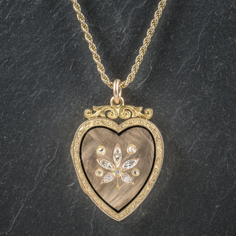 Antique Victorian Diamond Heart Locket Necklace 15ct Gold Circa 1880 front
