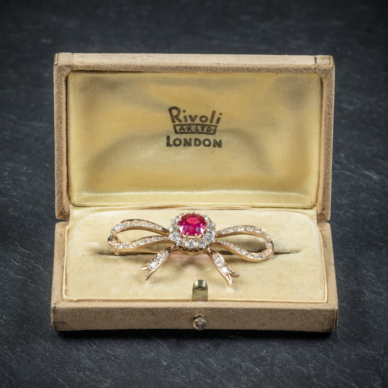 Antique Victorian Diamond Ruby Brooch 18ct Gold Circa 1900 box open