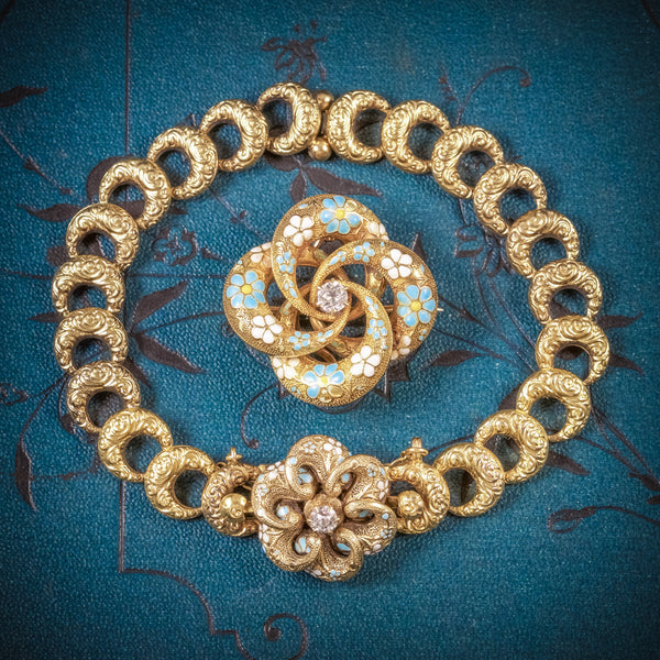 Antique Victorian Floral Diamond Bracelet Brooch Set Circa 1880 COVER