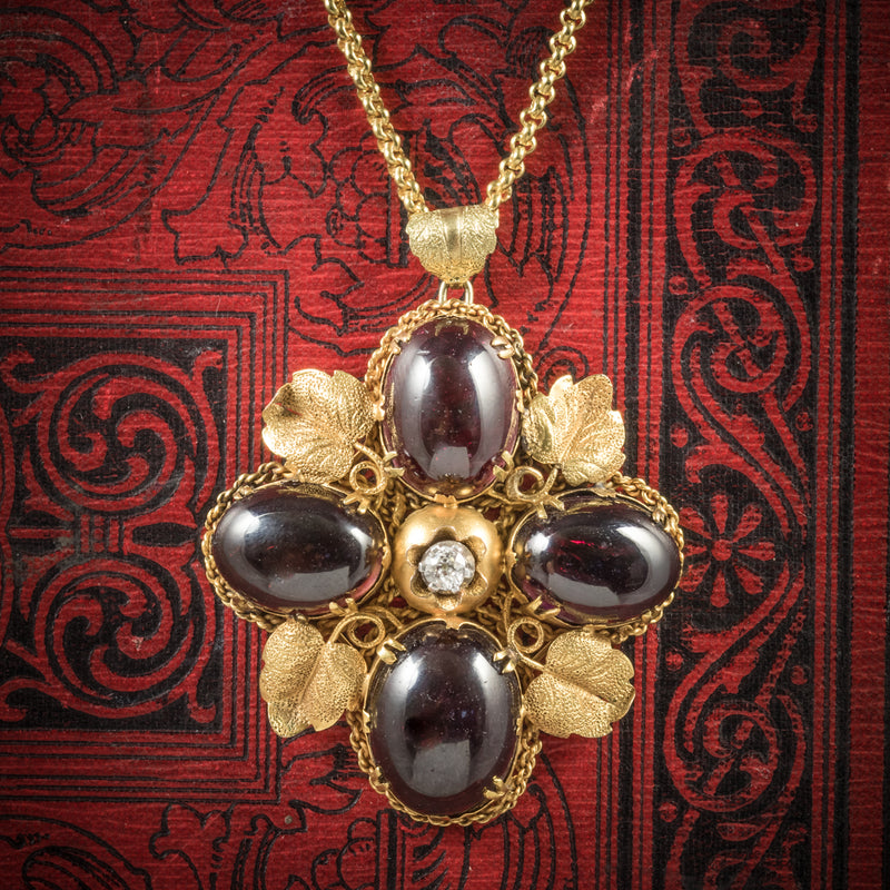 Antique Victorian Garnet Diamond Pendant Necklace 18ct Gold Circa 1900 COVER