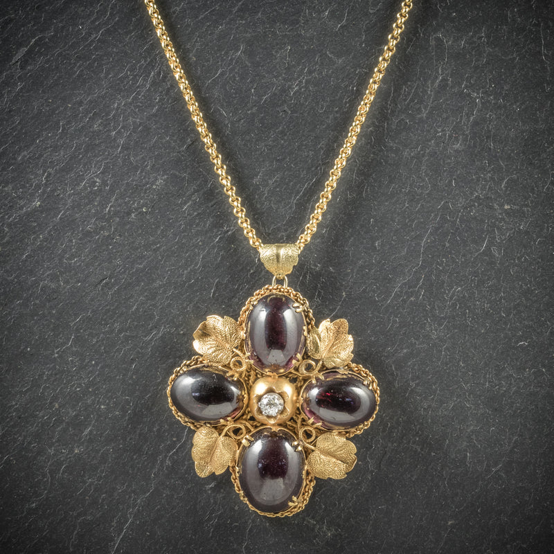 Antique Victorian Garnet Diamond Pendant Necklace 18ct Gold Circa 1900 FRONT