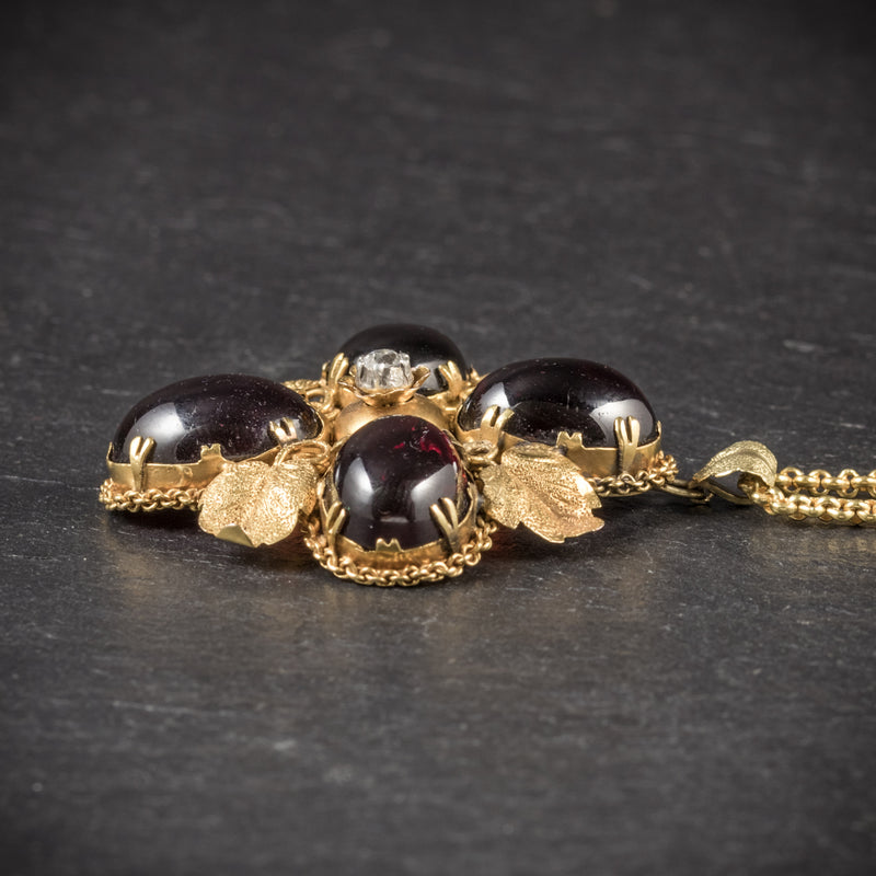 Antique Victorian Garnet Diamond Pendant Necklace 18ct Gold Circa 1900 SIDE