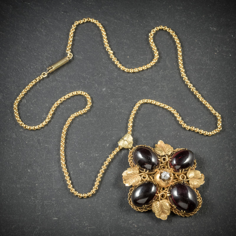 Antique Victorian Garnet Diamond Pendant Necklace 18ct Gold Circa 1900 TOP