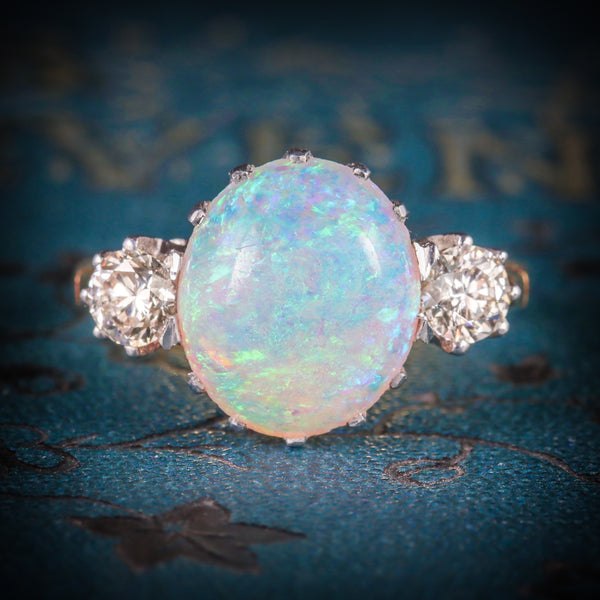 Antique Victorian Opal Diamond Ring 15ct Gold Natural Opal Circa 1900 COVER