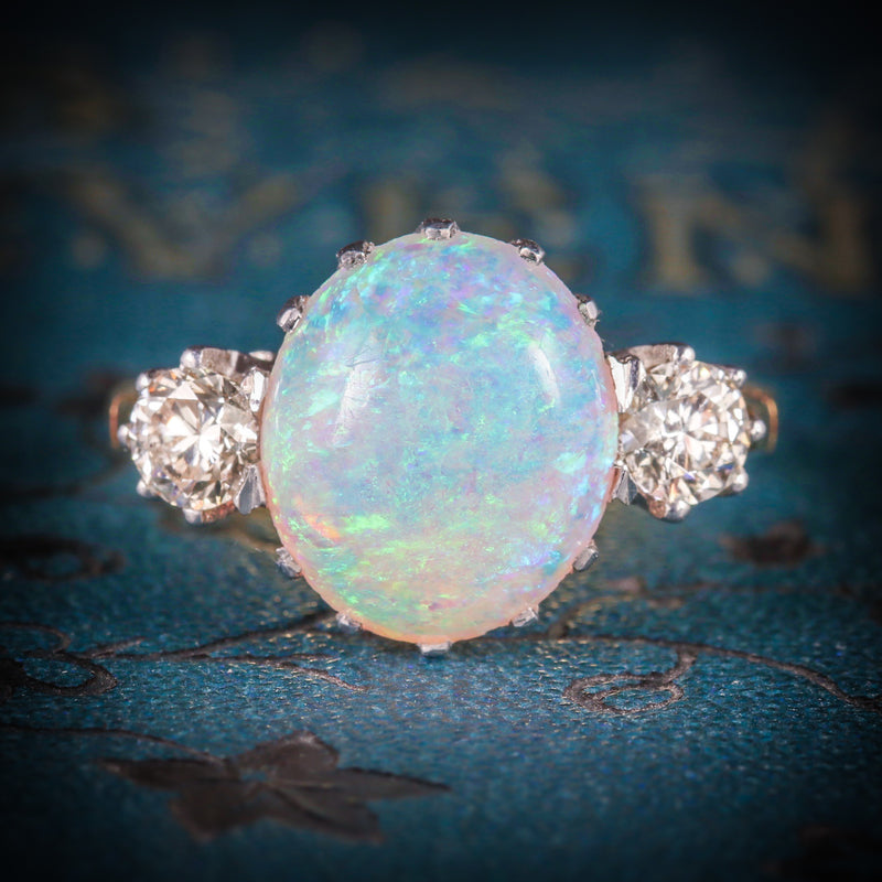 Antique Victorian Opal Diamond Ring 15ct Gold Natural Opal Circa 1900 COVER